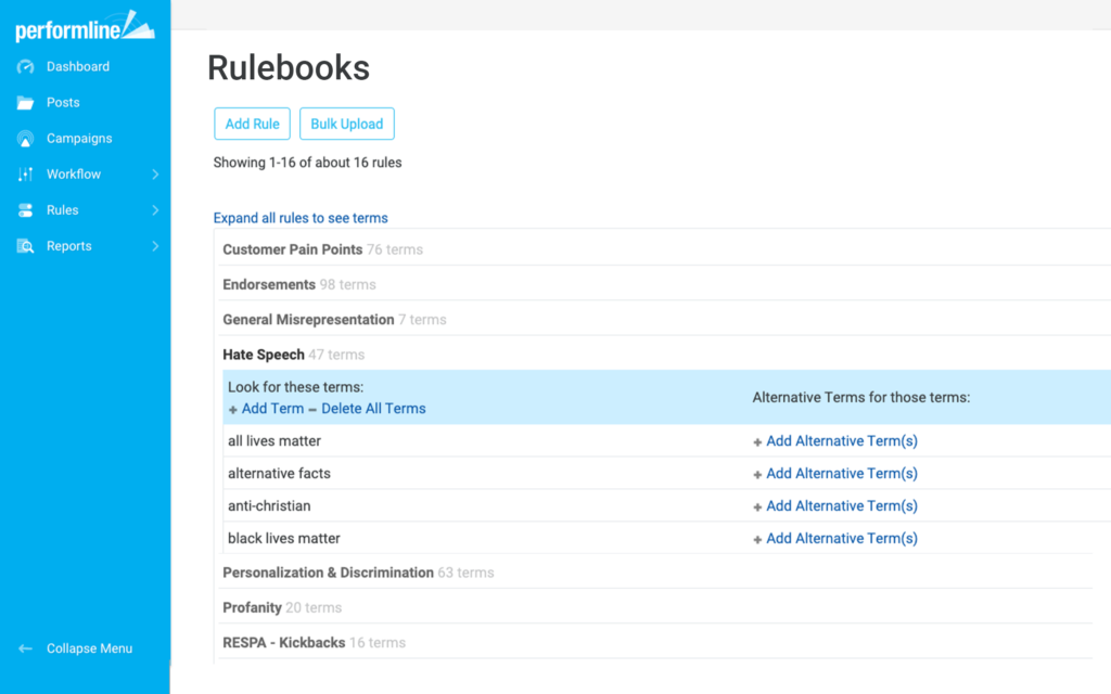 PerformLine rules custom rulebooks based on industry regulations and branding guide Social Media rulesbook ONLY