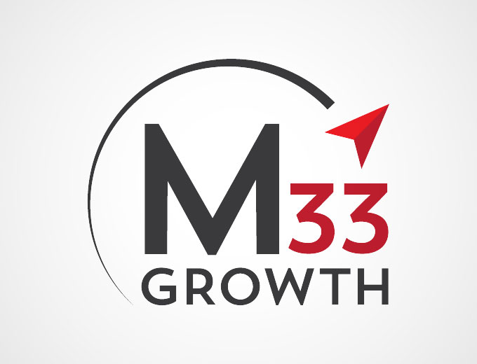 Logo for M33 Growth with a bold black M, red 33, and 'GROWTH' text, plus a curved arc and red arrow indicating upward growth.