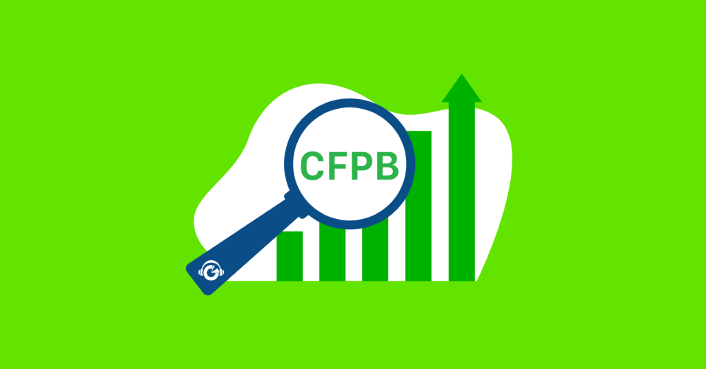 The COMPLY Marketing Compliance Podcast presents episode 17 on the CFPB Complaint Risk Signal Report part 2 of the conversation Featured image is a green background with a blue magnifying glass highlighting the letters CFPB in front of a bar graph with rising bar arrows pointing up 01 podcast 17 02