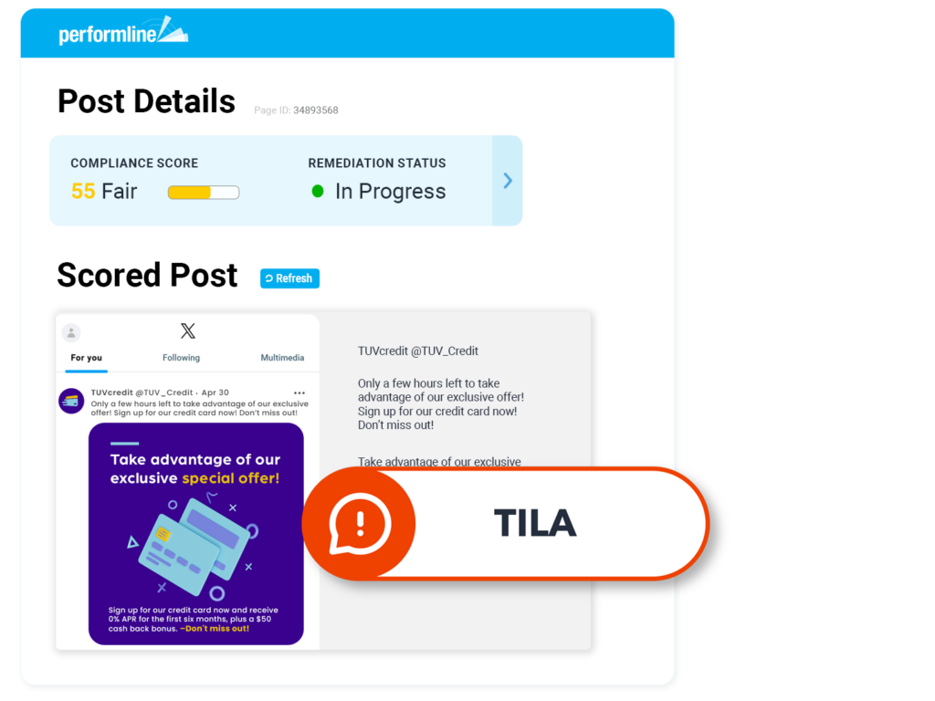 social media example for Credit Cards with TILA violation discovered on the PerformLine platform
