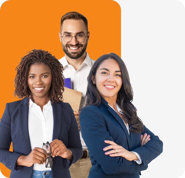 three confident compliance professionals in front of orange background