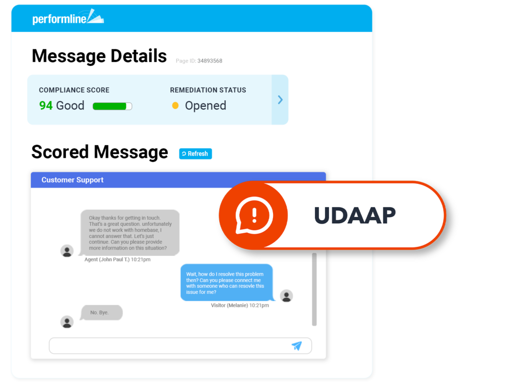 messages, sms, chat example for bank with UDAAP violation discovered on the PerformLine platform