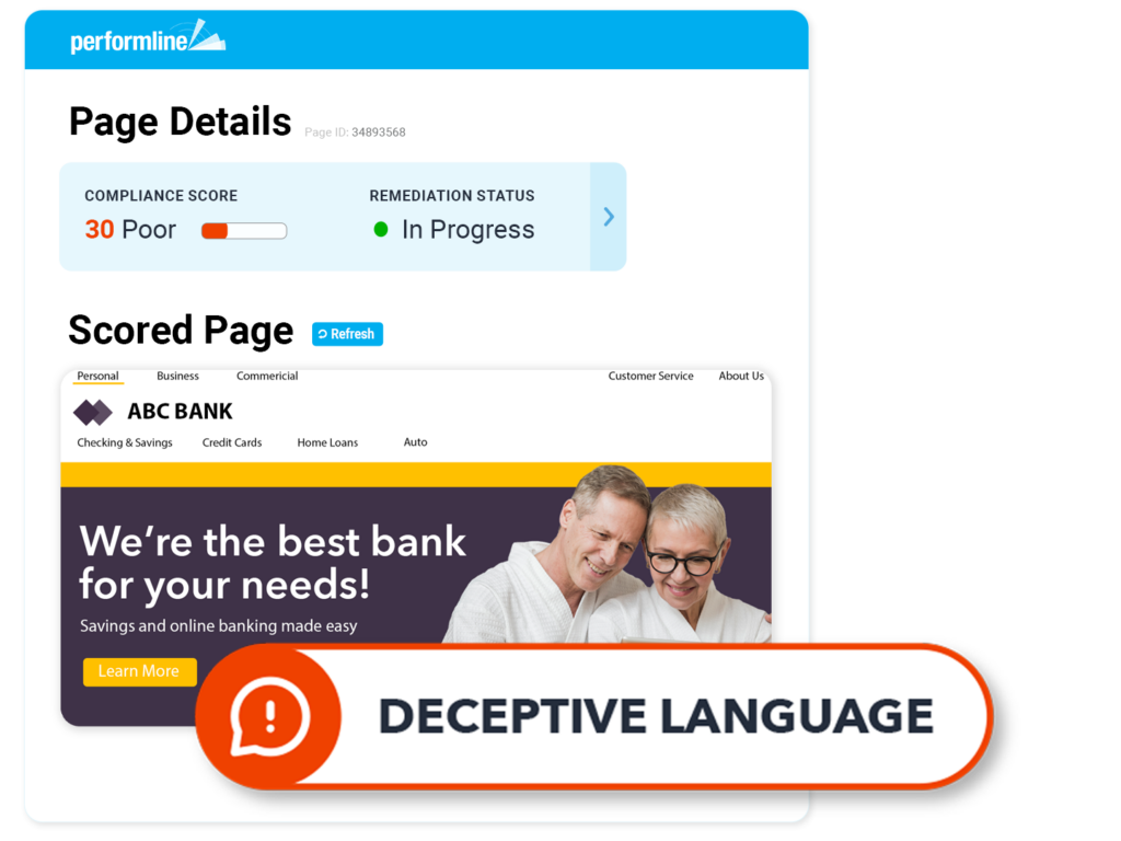 web example for bank with deceptive language violation discovered on the PerformLine platform