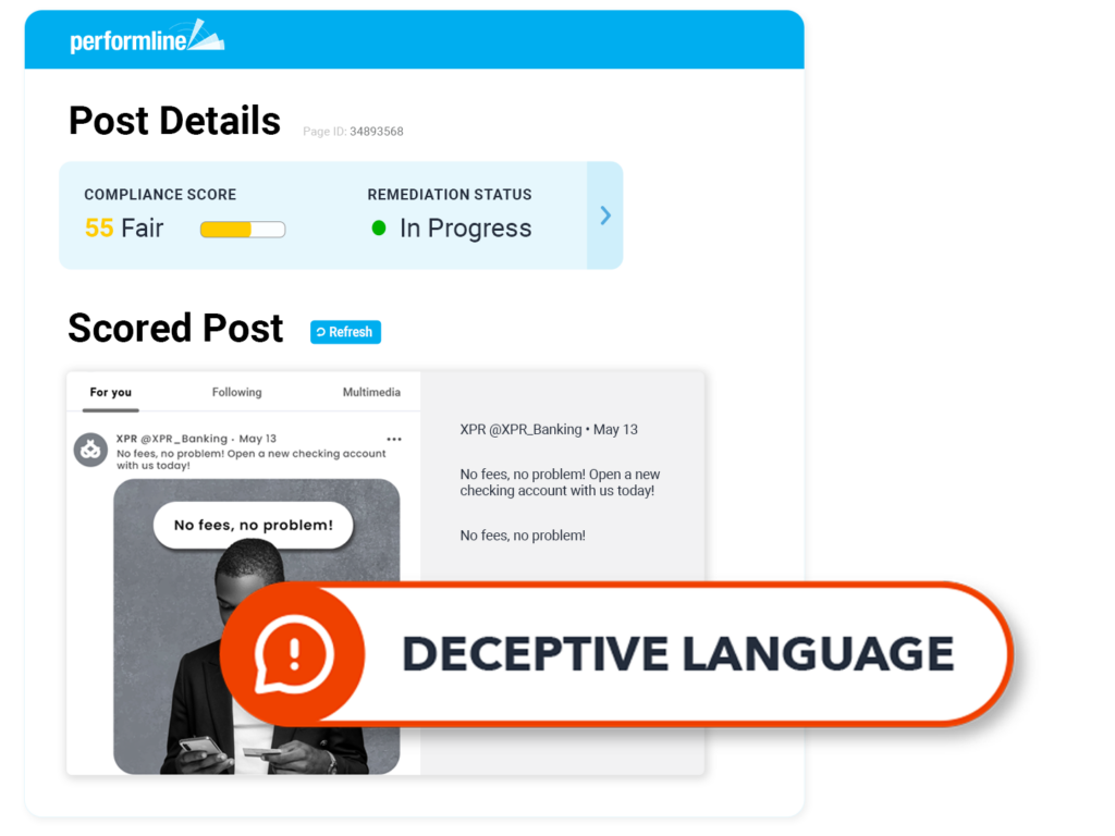 social example for bank with deceptive language discovered on the PerformLine platform