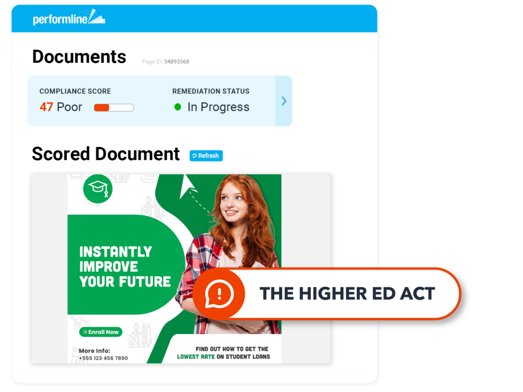 document example for higher ed with higher ed act violation discovered on the PerformLine platform