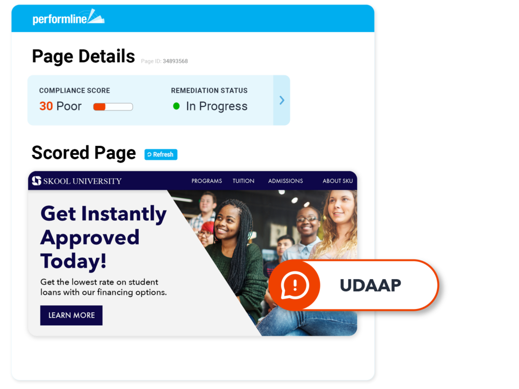 web example for higher ed with UDAAP violation discovered on the PerformLine platform