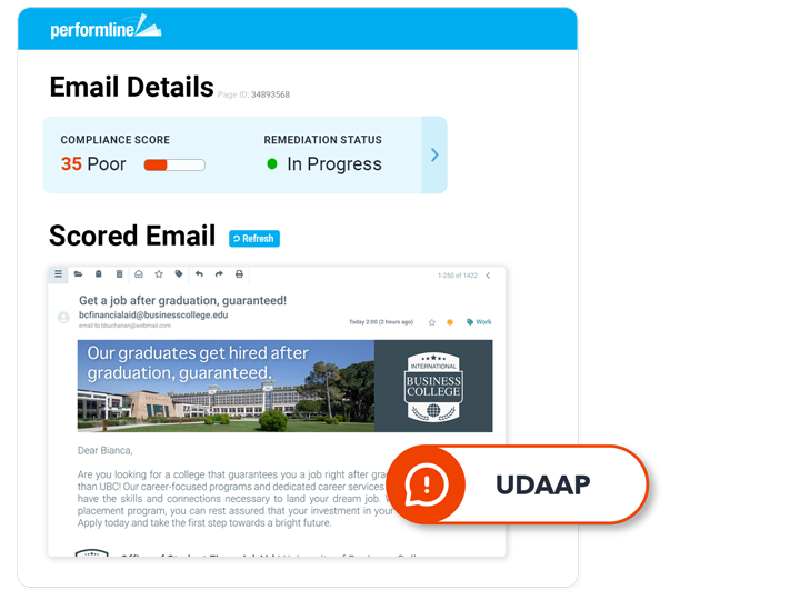 email example for Higher Ed with UDAAP violation discovered on the PerformLine platform