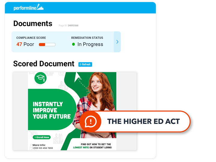 document example for higher ed with higher ed act violation discovered on the PerformLine platform
