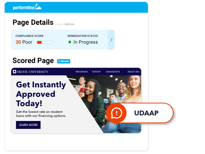 web example for higher ed with UDAAP violation discovered on the PerformLine platform