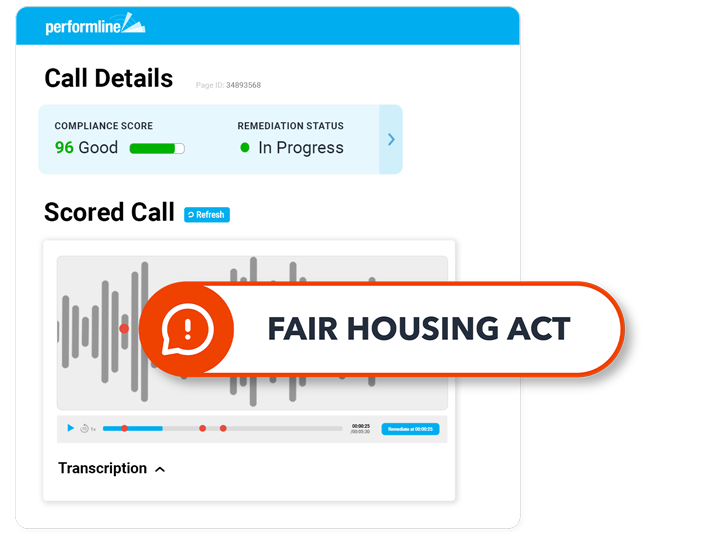 sample call center recording for Mortgage with Fair Housing Act violation being called out on the PerformLine platform