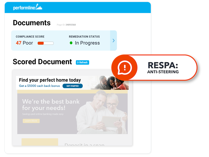 sample banner ad for Mortgage with RESPA Anti-Steering violation being called out on the PerformLine platform