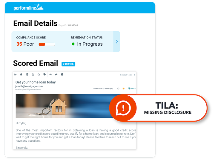 sample email for Mortgage with TILA Missing Disclosure violation being called out on the PerformLine platform