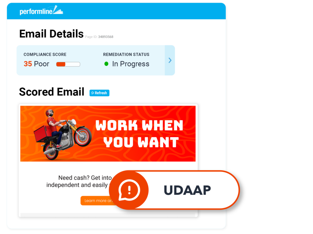 sample email for gig industry with UDAAP violation being called out on the PerformLine platform