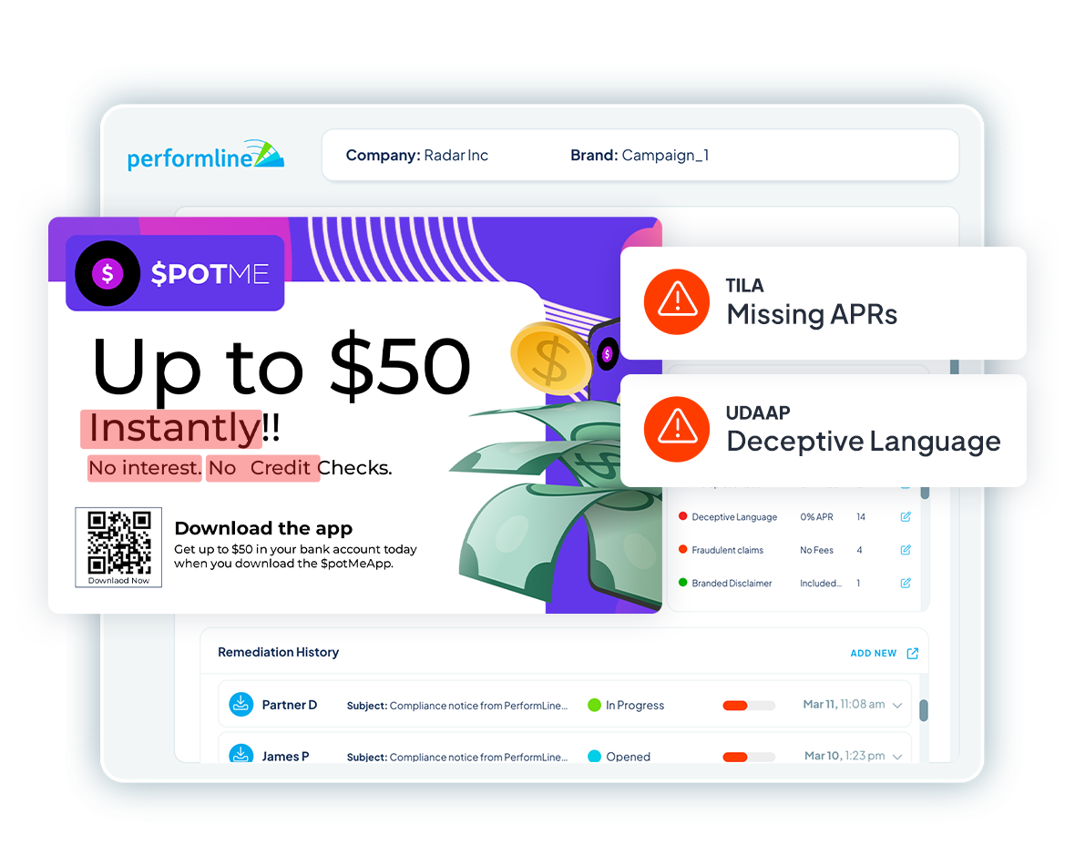 tila violations highlighted on a spotme fintech postcard in the performline platform