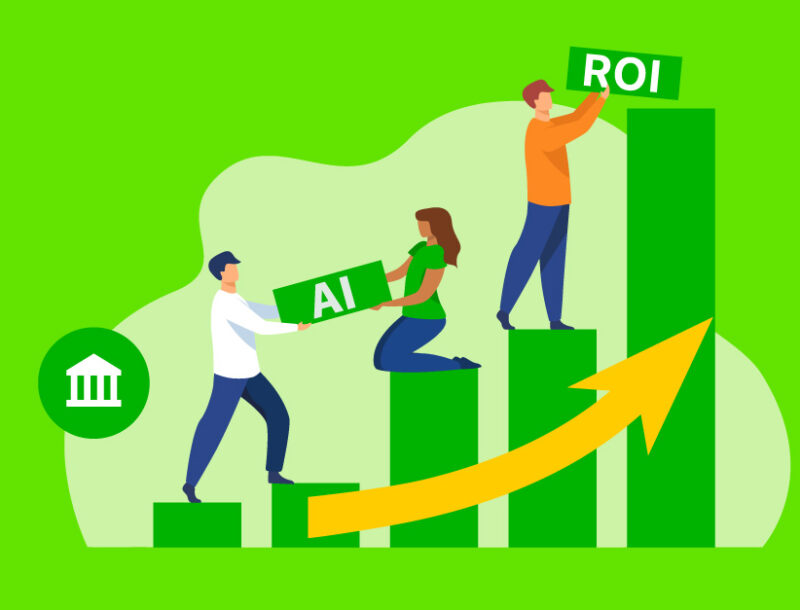 illustration of people on a upward graph stacking AI and ROI using compliance as a catalyst of growth