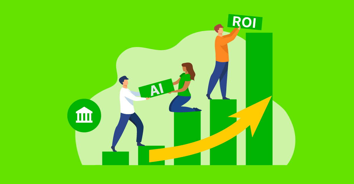 illustration of people on a upward graph stacking AI and ROI using compliance as a catalyst of growth