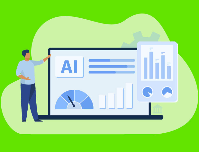 illustrated person pointing to laptop with AI and data, symbolizing customization of AI settings