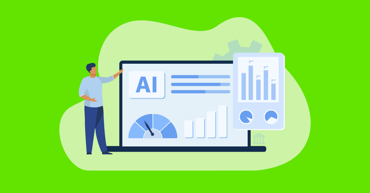 illustrated person pointing to laptop with AI and data, symbolizing customization of AI settings