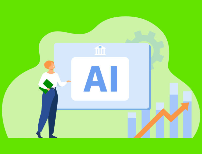 AI trends graph going up, illustrated woman speaking to AI icon