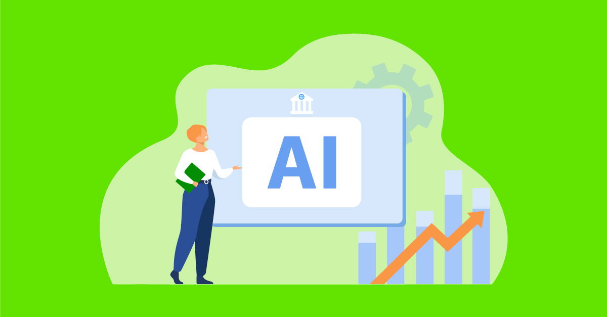AI trends graph going up, illustrated woman speaking to AI icon