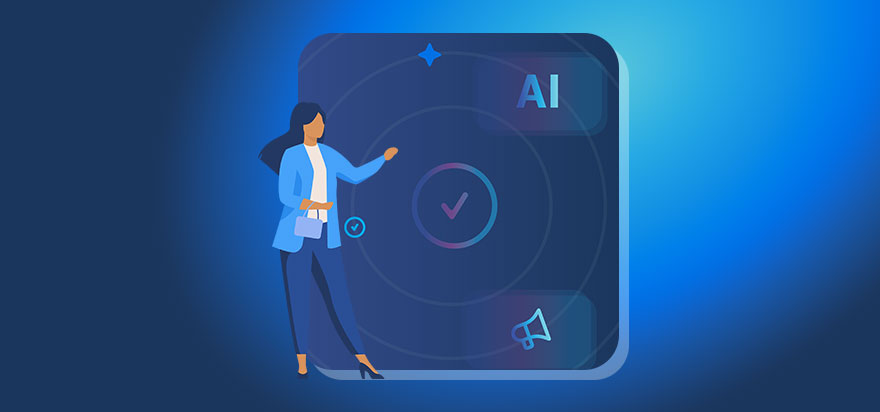 illustrated woman pointing to a book cover of AI and marketing icons