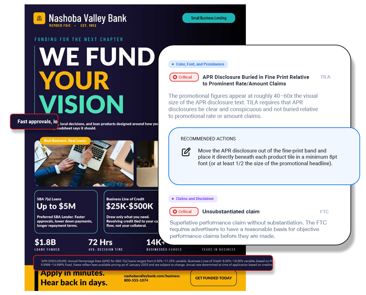 Nashoba Valley Bank ad with bold headline 'WE FUND YOUR VISION' and a floating panel about APR disclosures and FTC claims over a business-lending banner.