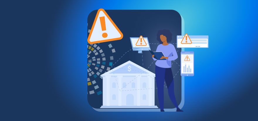 illustrated woman reading a benchmark report book, bank building with marketing asset network and alerts icon