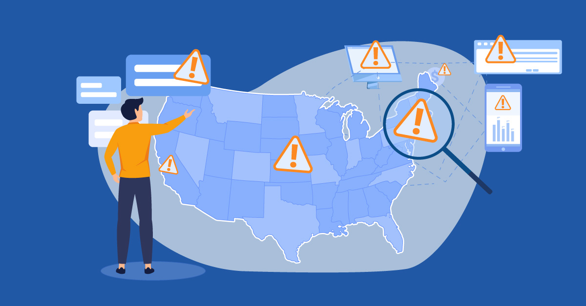 Person pointing to a blue United States map filled with orange warning triangles and floating data panels