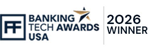 Banking Tech Awards USA 2026 Winner badge featuring a blue logo and star icon.