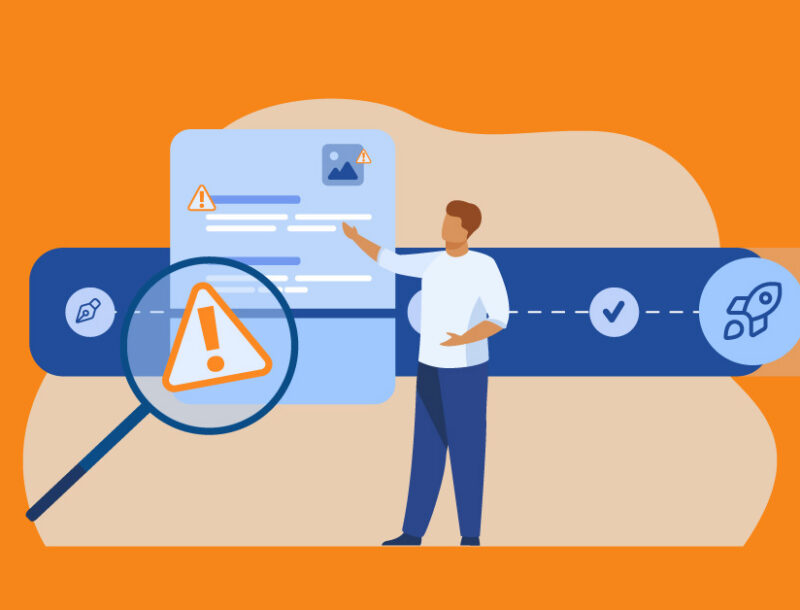 illustrated man running a pre-publication compliance check on a document that is flagged before the content reaches publishing stage