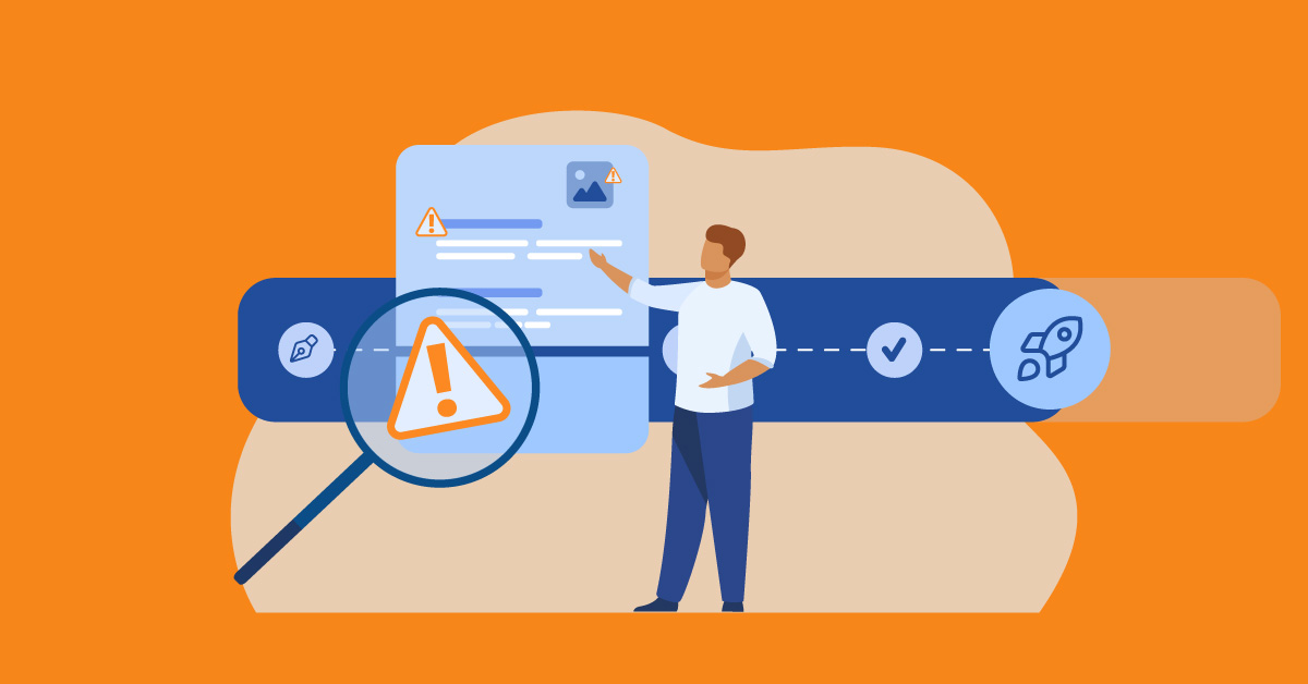 illustrated man running a pre-publication compliance check on a document that is flagged before the content reaches publishing stage