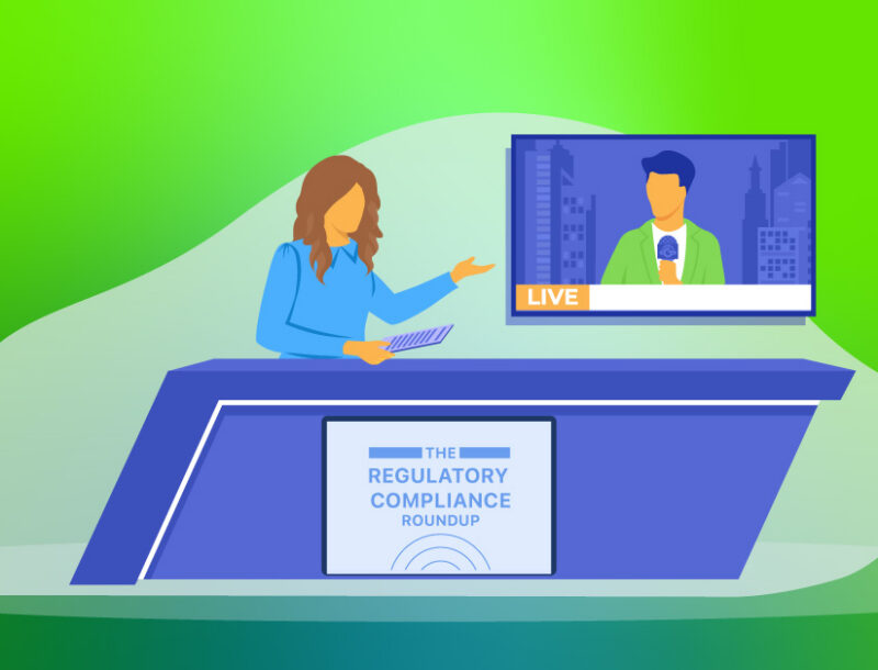 News anchor at a blue desk presenting a regulatory compliance round-up with a live screen showing a reporter in a cityscape backdrop.