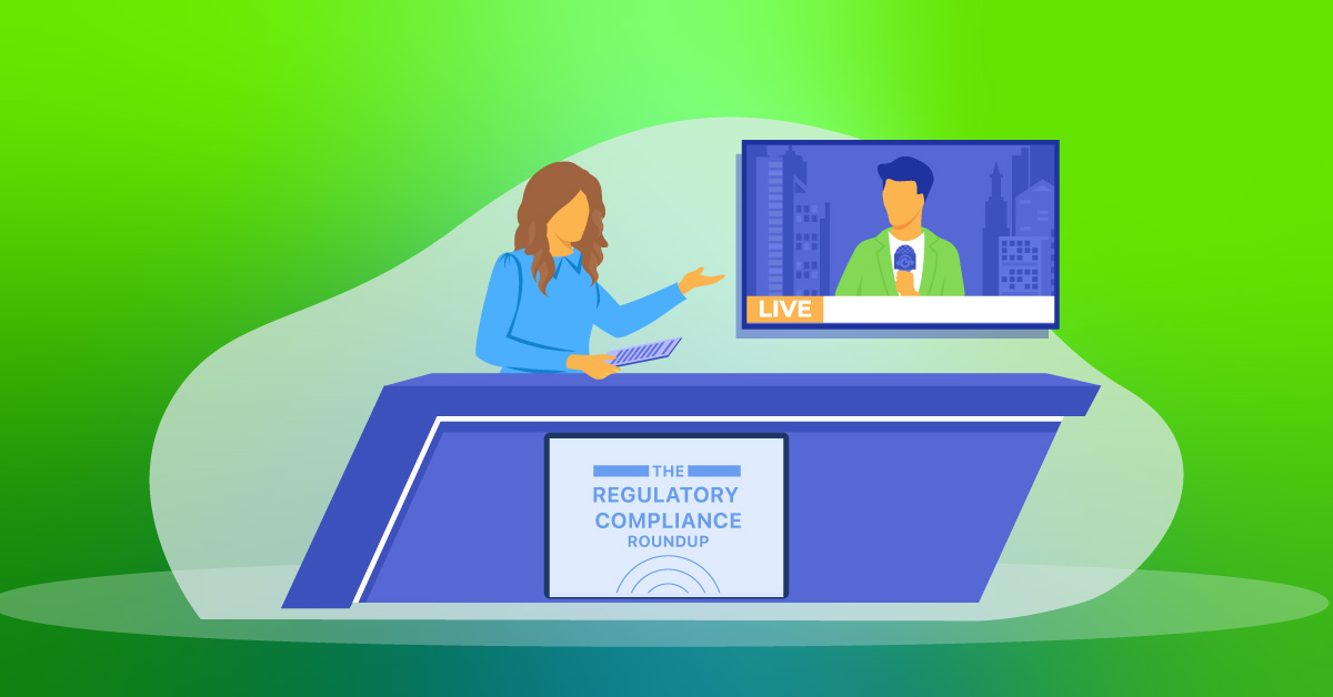News anchor at a blue desk presenting a regulatory compliance round-up with a live screen showing a reporter in a cityscape backdrop.