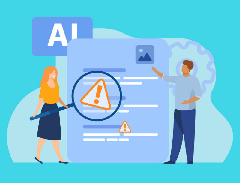 two illustrated people, document marked up with AI + system icons