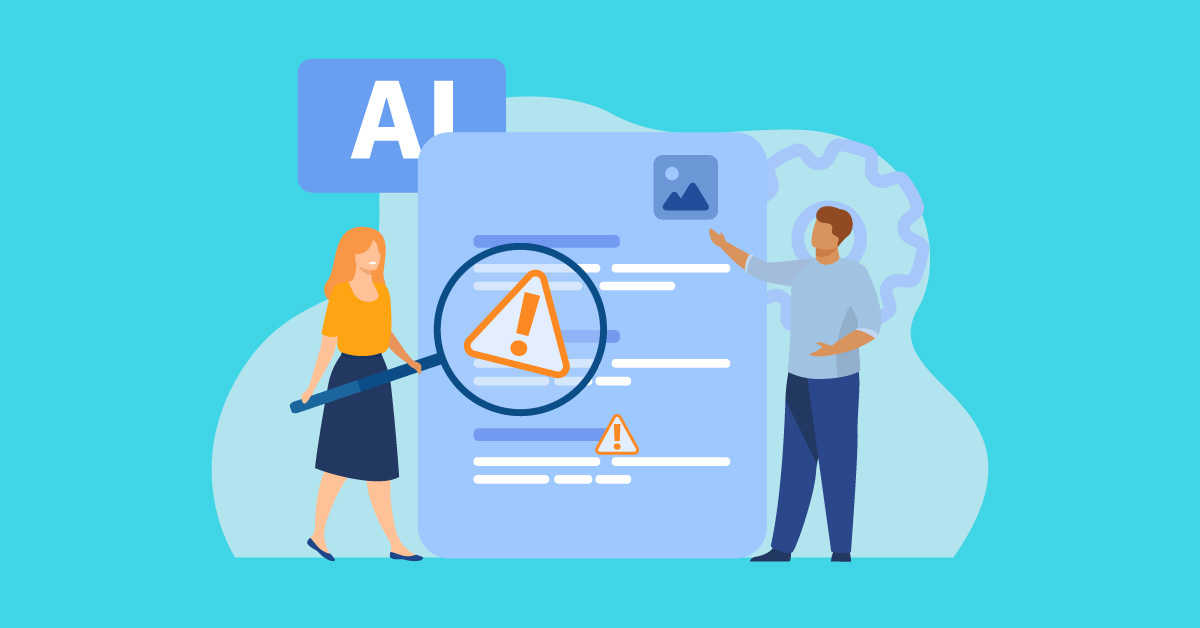 two illustrated people, document marked up with AI + system icons