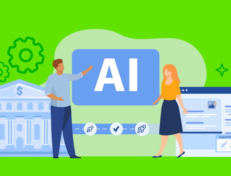 two illustrated people with AI + system icons- banking and software images in background