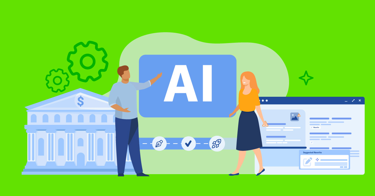 two illustrated people with AI + system icons- banking and software images in background