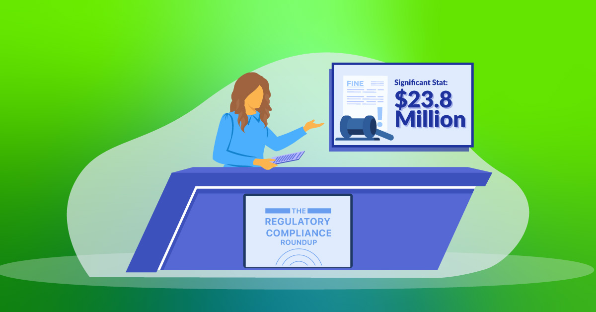 News anchor at a blue desk presenting a regulatory compliance roundup